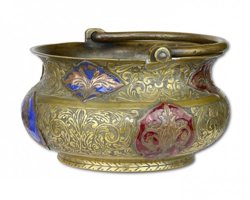 Religious Antiques  - Bronze holy water bucket with enamelled plaques, 17th / 18th centuries