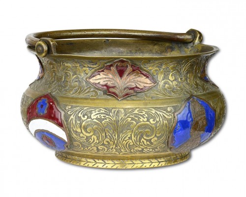 Bronze holy water bucket with enamelled plaques, 17th / 18th centuries - 