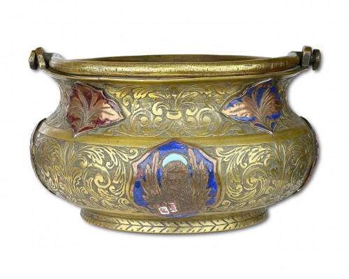 Bronze holy water bucket with enamelled plaques, 17th / 18th centuries - 