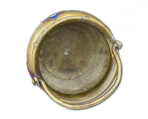  - Bronze holy water bucket with enamelled plaques, 17th / 18th centuries