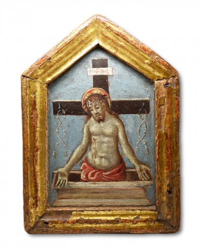 Antiquités - Gilt wood pax painted with the resurrected Christ