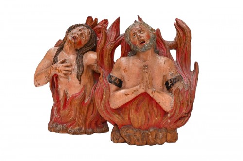 Sculptures polychromes d'âmes brûlantes au purgatoire