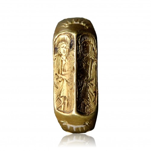 Antiquités - Bague iconographique avec Saint Jean et la Vierge