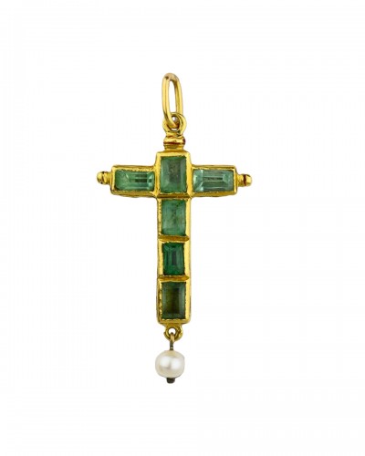 Gold and enamel cross pendant with table cut emeralds