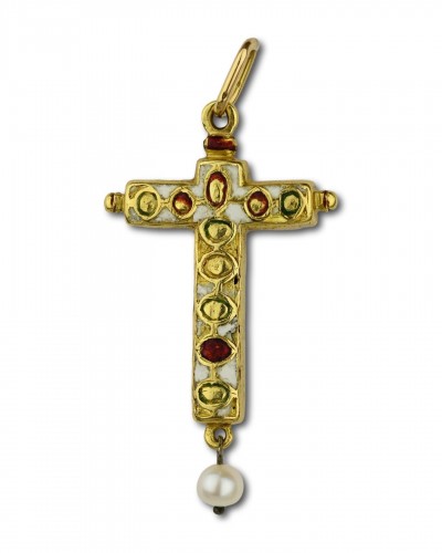 Gold and enamel cross pendant with table cut emeralds - Antique Jewellery Style 