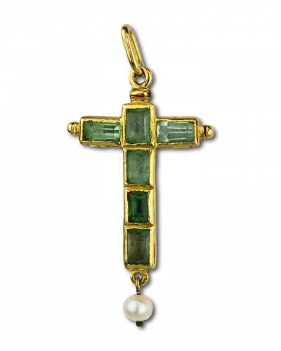  - Gold and enamel cross pendant with table cut emeralds