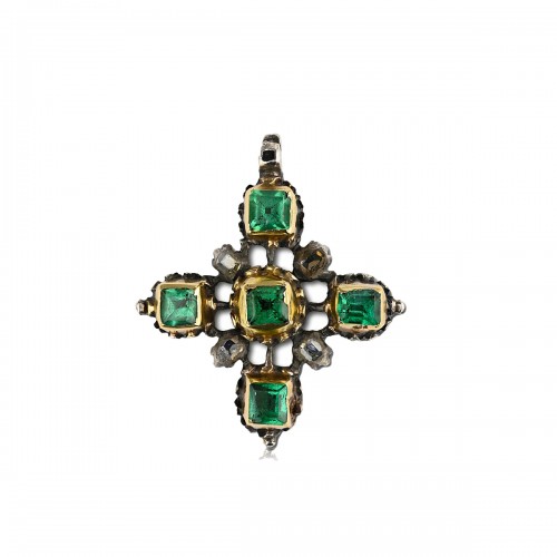 Gold and silver cross set with table cut emeralds and diamonds