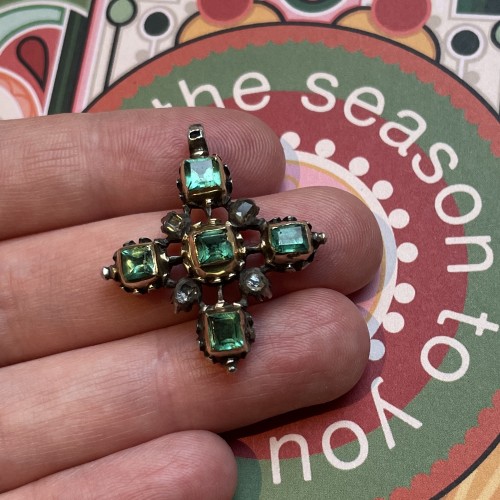 Gold and silver cross set with table cut emeralds and diamonds - 