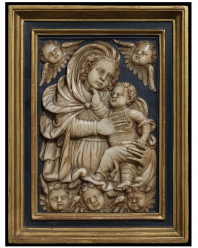 Alabaster relief of the Virgin and child with angels, Span 16th century - Religious Antiques Style 