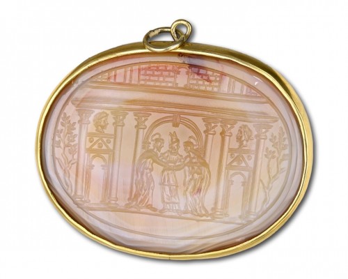Antiquités - Grande intaille en agate représentant le mariage de la Vierge, Italie XVIIe siècle
