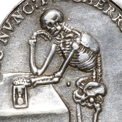 Silver vanitas medal with a skeleton &amp; the bust of a woman, Germany17th ce - Antique Silver Style 