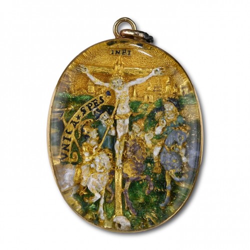Antiquités - Renaissance gold &amp; enamel relief of the crucifixion. South Germany 16th cen