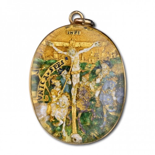 Antiquités - Relief Renaissance en or et émail de la crucifixion, Allemagne du Sud  XVIe siècle