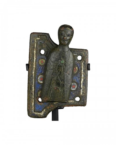 Champlevé enamelled copper appliqué of a Saint, Limoges 13th century