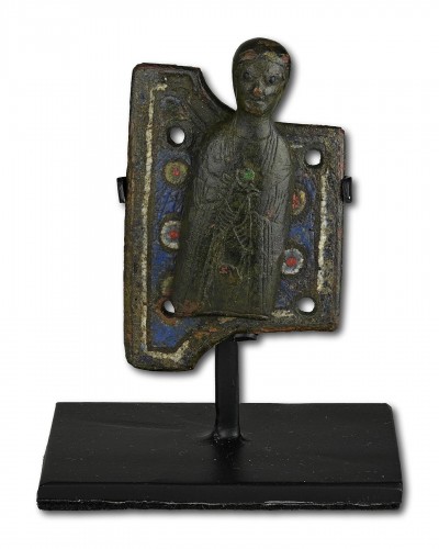 Religious Antiques  - Champlevé enamelled copper appliqué of a Saint, Limoges 13th century