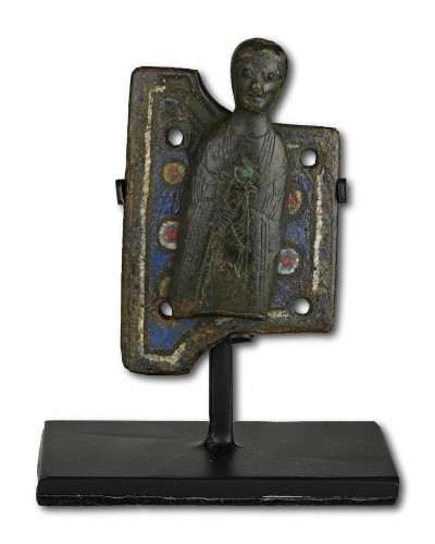 Champlevé enamelled copper appliqué of a Saint, Limoges 13th century - 