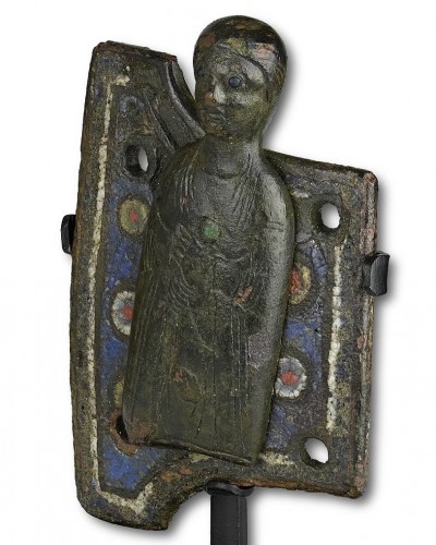 Antiquités - Champlevé enamelled copper appliqué of a Saint, Limoges 13th century