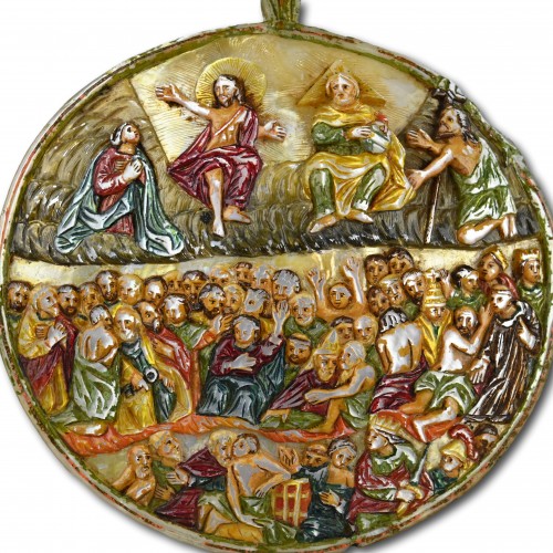18th century - Polychromed pearl shell with the last judgement