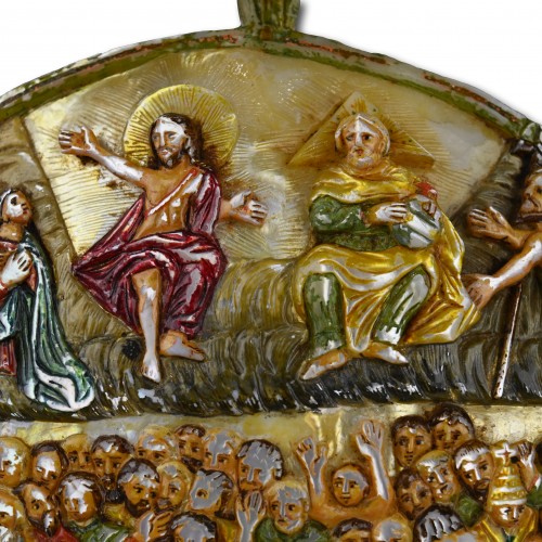 Antiquités - Polychromed pearl shell with the last judgement