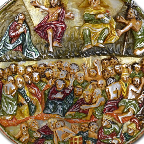 Antiquités - Polychromed pearl shell with the last judgement