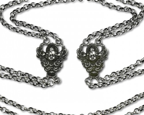 Silver double long chain set with putto heads, Italy 7th century - Antique Jewellery Style 
