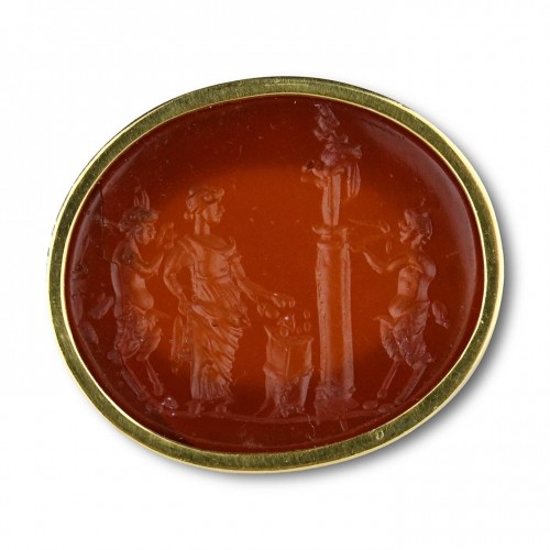 Intaille cornaline d'un sacrifice bacchanalien serti dans un anneau en or à haute ten - Bijouterie, Joaillerie Style 