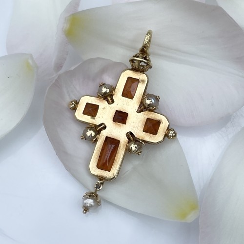 Gold hessonite garnet &amp; pearl cross pendant, 16th century - 