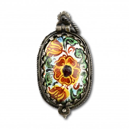Silver mounted enamel pomander decorated with flowers, Germany17th centur - Antique Jewellery Style 