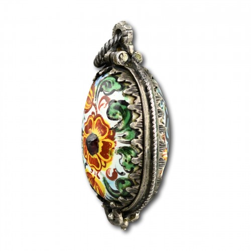 Antique Jewellery  - Silver mounted enamel pomander decorated with flowers, Germany17th centur