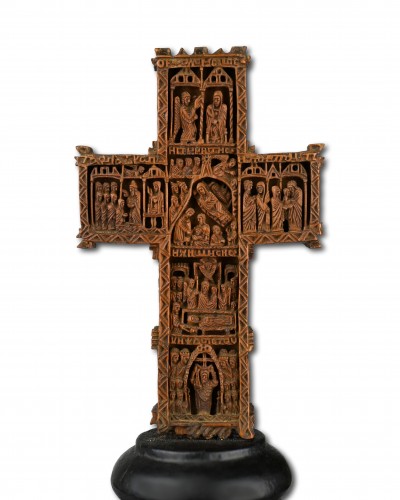 Antiquités - Exceptional cypress wood blessing cross. Mount Athos workshop, 18th century