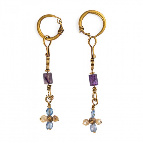 Pair of Gold and Gem-Set Earrings, Byzantine Empire 5th–6th Century AD.  - Ancient Art Style 