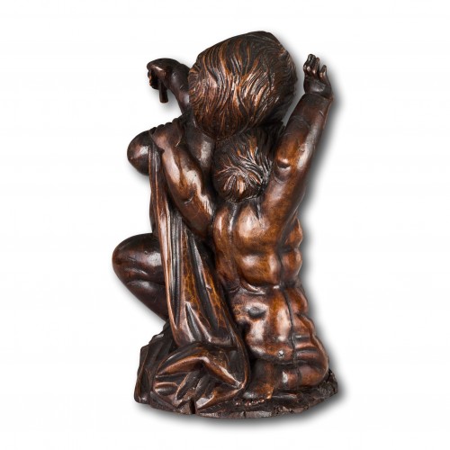 Sculpture  - Walnut Figural Group Depicting Two Putti
