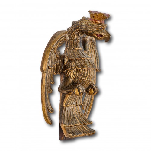 Antiquités - Sculpture polychrome et dorée d'un aigle couronné XVIIe siècle