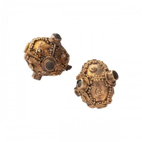 Two Anglo-Saxon Gold Cannetille Beads with Glass Inlays