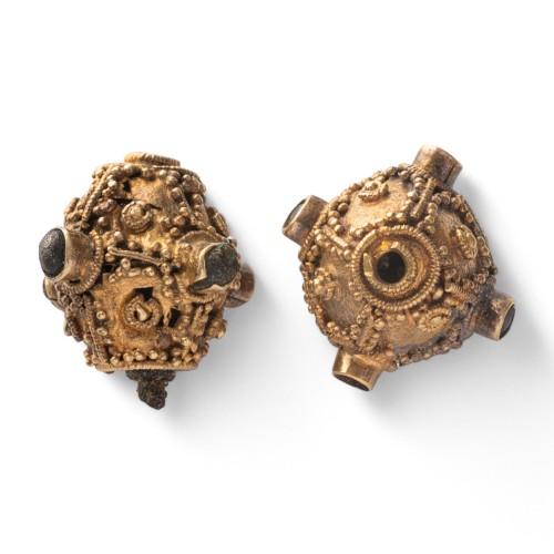Ancient Art  - Two Anglo-Saxon Gold Cannetille Beads with Glass Inlays
