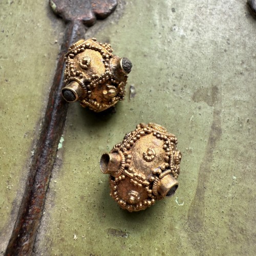 Two Anglo-Saxon Gold Cannetille Beads with Glass Inlays - 