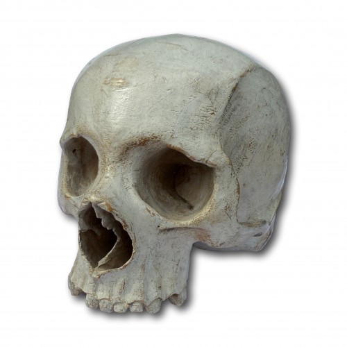 Curiosities  - Memento Mori Skull in Gessoed Wood. Italy, 18th century.