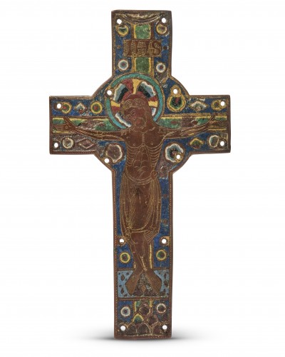 Engraved Champlevé Enamel Crucifix, Limoges France, circa 1200