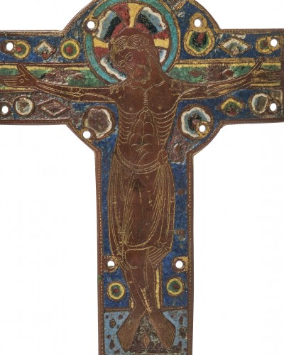Engraved Champlevé Enamel Crucifix, Limoges France, circa 1200 - Religious Antiques Style 