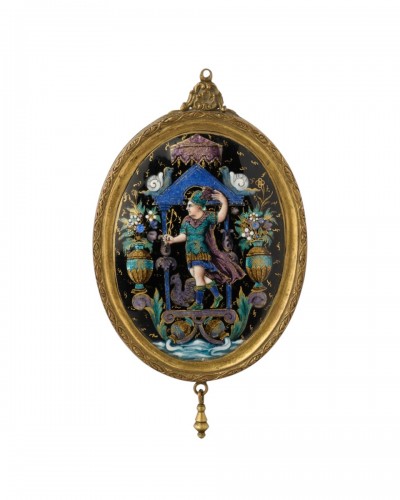 Petit miroir en émail et cuivre doré représentant Mercure Limoges XVIIe siècle