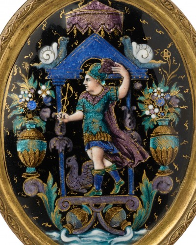 Petit miroir en émail et cuivre doré représentant Mercure Limoges XVIIe siècle - Objets de Vitrine Style 