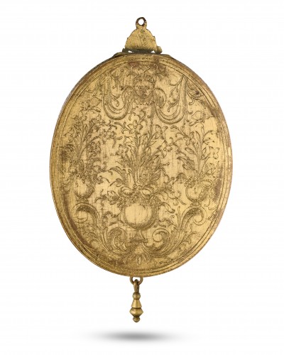 Objets de Vitrine  - Petit miroir en émail et cuivre doré représentant Mercure Limoges XVIIe siècle