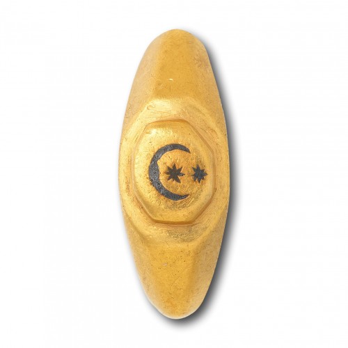 Bijouterie, Joaillerie  - Bague en or avec croissant de lune et étoiles incrustés d'argent