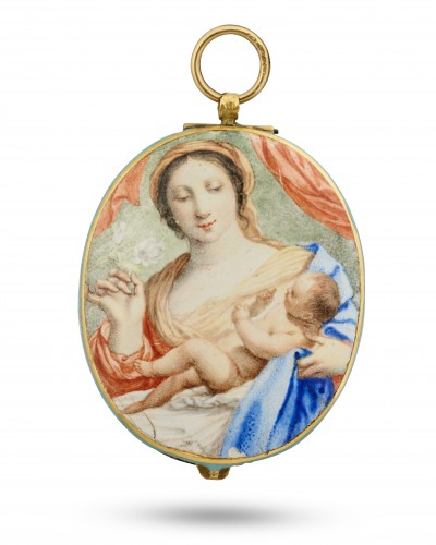 Pendentif médaillon en or et émail représentant la Vierge à l'Enfant - Bijouterie, Joaillerie Style 