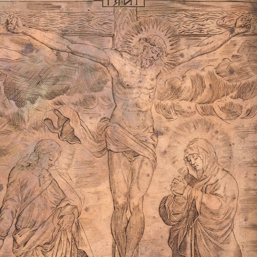 Planche d'impression de la Crucifixion par Alessandro Badiale, Bologne milieu du XVIIe siècle - Gravures et livres anciens Style 