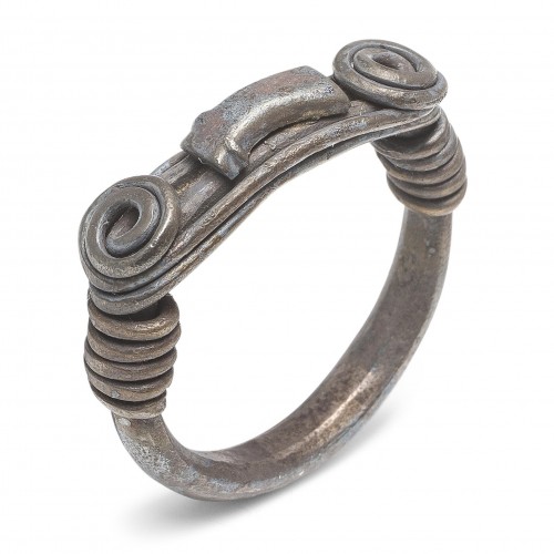 Ancient Art  - Silver Ring with Spiralled Terminals and Axe-Motif, Balkans 1st–2nd centur
