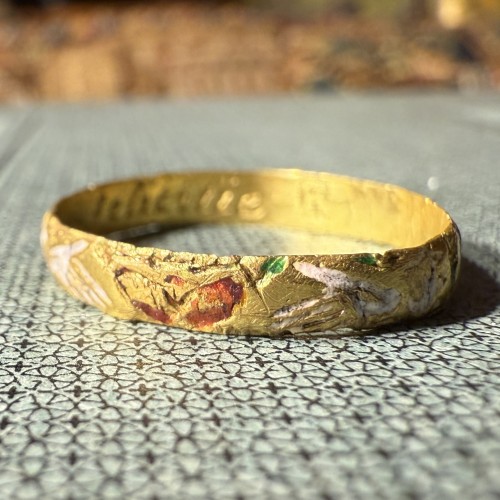  - Enamelled Gold Posy Ring “thy constancie, my felicitie”. England, 17th century