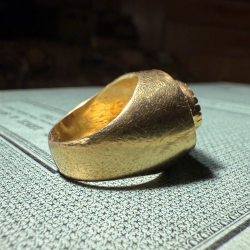 BC to 10th century - Gold Ring Set with an Ancient Carnelian Scarab Depicting a Deer Hunt.