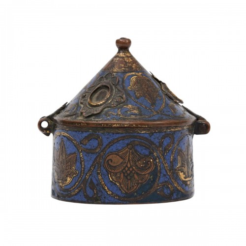 Pyxide de Limoges en cuivre doré émaillé champlevé, orné de cabochons, XIIIe siècle