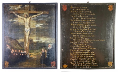 Peinture de la crucifixion du Christ avec des donateurs. Allemand, vers 1633.